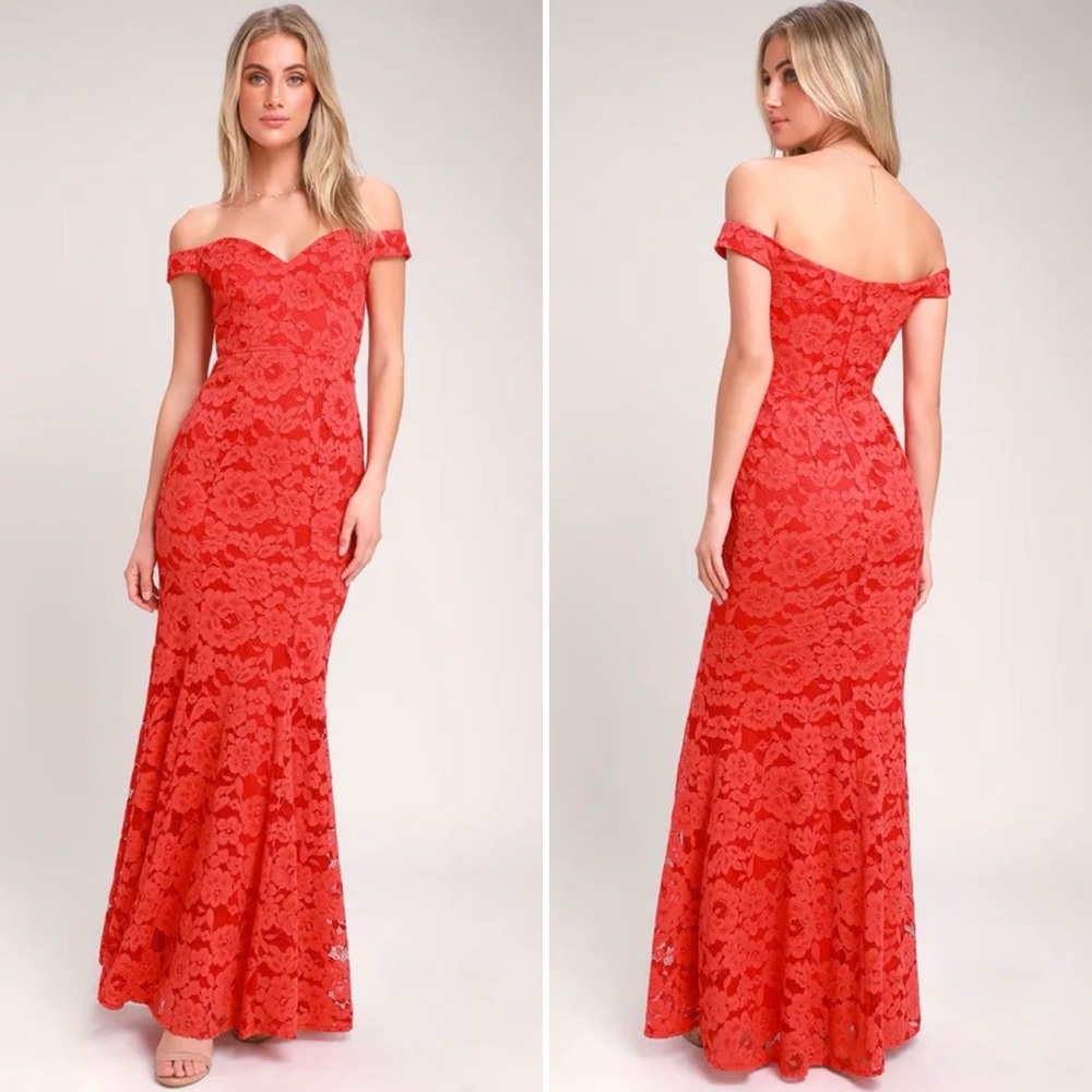 Lulus Red Lace Off-the-Shoulder Maxi Dress Size Small Mermaid Skirt